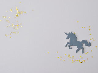 Top view of large colorful, decorative unicorn. The concept of children's holidays. Minimal Flat...