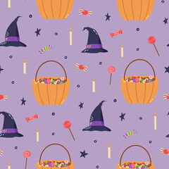 Cute hand drawn halloween pattern. Vector halloween illustrations of cute pumpkins and witches hats. Hand drawn illustration isolated on white.