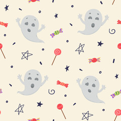 Boo! Cute halloween pattern with pretty ghost. Hand drawn vector illustration isolated on yellow.
