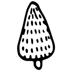 Vector icon of a Christmas tree. A triangular-shaped Christmas tree drawn in the doodle style with a pattern of short vertical strokes, an isolated black outline on a white background for a label desi
