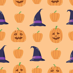 Cute halloween pattern with pumpkins and witches hats illustrations. Colorful hand drawn vector illustration isolated on orange.