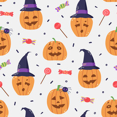 Colorful halloween pattern with cute pumpkins in witches hats. Hand drawn vector illustration isolated on a gray background.
