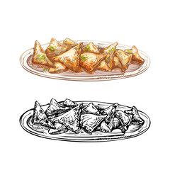 Fried wonton on plate. Vintage vector hatching hand drawn illustration isolated