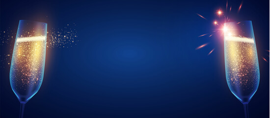 Shining champagne glasses with lights. Holiday background. Birthday, anniversary, weddign and win design. © feaspb