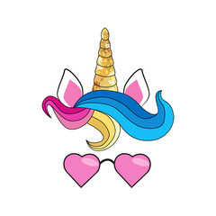 Cute unicorn with floral wreath, slogan and gold glitter elements