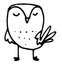 vector owl. Isolated contour drawing of a bird, stylized with closed eyes.funny owl isolated black outline on a white background for a template for children's design of postcards, labels, coloring