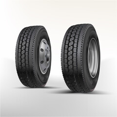 Heavy tyres isolated on white. Wheels icon on white background, vector symbol. Rubber tires. New big truck tire. Monster truck wheel. Two side isometric view. © Strajinsky