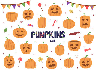 Colorful vector pumpkins set. Hand drawn cute halloween illustrations isolated on white.