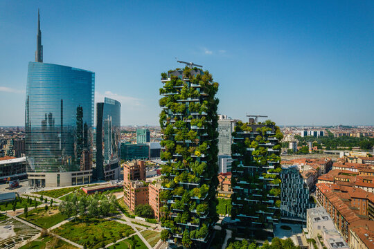 Aerial photo of Bosco Verticale, Vertical Forest, in Milan, Porta Nuova district. Residential buildings with many trees and other plants in balconies