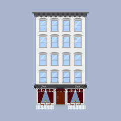 Flat vector illustration of walk-up residential apartment building, brick house. Isolated on white background.