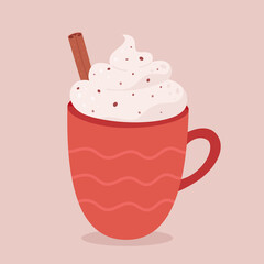 Christmas hot drink with cinnamon. Hot coffee, hot chocolate. Vector illustration.