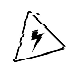Electrical warning sign. Black silhouette with glitch effect isolated just on white.