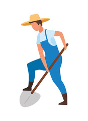 Farmer digging with shovel semi flat color vector character. Posing figure. Full body person on white. Gardening work isolated modern cartoon style illustration for graphic design and animation