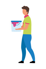 Young man with paint bucket semi flat color vector character. Walking figure. Full body person on white. Prep for painting isolated modern cartoon style illustration for graphic design and animation