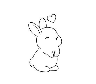 Vector isolated cute cartoon small rabbit in love contour line ...