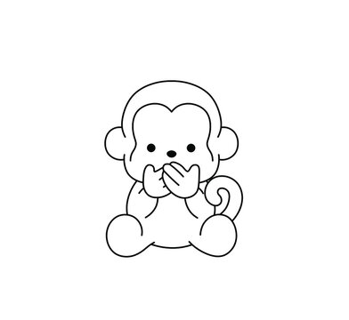 Vector Isolated Drawing Monkey Don't Say Anything. Surprised And Frightened Monkey