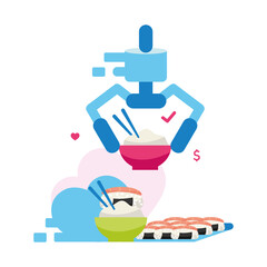 Choosing japanese food online flat concept vector illustration. Rice bowl order isolated 2D cartoon object on white for web design. Online food delivery from japanese restaurant creative idea