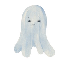 Hand drawn watercolor illustration of cute and pretty smiling little ghost isolated at white background.