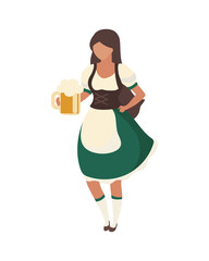 Brunette barmaid with beer glass semi flat color vector character. Full body person on white. Octoberfest costume isolated modern cartoon style illustration for graphic design and animation