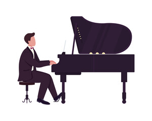 Young man playing grand piano semi flat color vector character. Full body person on white. Pianist performance isolated modern cartoon style illustration for graphic design and animation