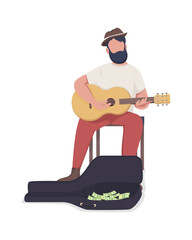 Street musician with guitar semi flat color vector character. Full body person on white. Performing for money isolated modern cartoon style illustration for graphic design and animation