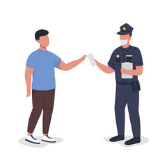 Police officer hands over paper to witness semi flat color vector characters. Full body people on white. Formal procedure isolated modern cartoon style illustration for graphic design and animation