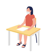 Schoolgirl in mask at lesson semi flat color vector character. Girl figure. Full body person on white. After covid isolated modern cartoon style illustration for graphic design and animation