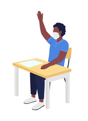 Schoolboy in mask at lesson semi flat color vector character. Boy figure. Full body person on white. After covid isolated modern cartoon style illustration for graphic design and animation