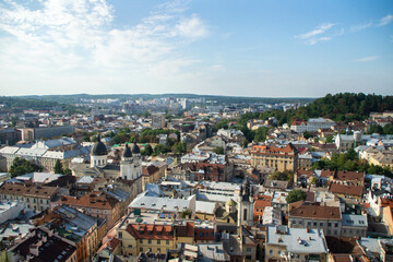 Fototapeta na wymiar View over Lviv from the Lviv City Hall observation tower, Ukraine