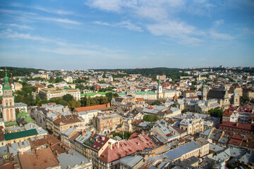 Fototapeta na wymiar View over Lviv from the Lviv City Hall observation tower, Ukraine