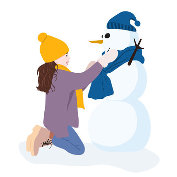 Vector illustration of a girl with a snowman in flat style. Design for a postcard, banner, poster. A cute children's picture about outdoor activities in winter. 