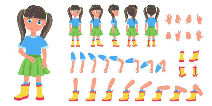 Flat Vector Illustration of Kid Girl Cartoon Character Set For Animation, Various Views, Poses and Gestures