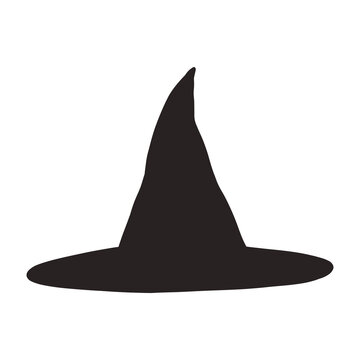 The traditional symbol of Halloween is the witch's hat. A black hat is silhouetted. Cute hand drawn doodle illustration. Design element for printing, festive decor 
