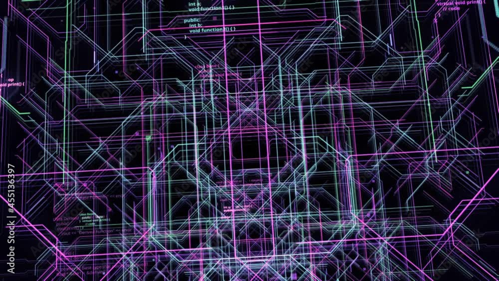 Poster computer electronic circuit with codes. motion. colored lines move schematically with program codes.