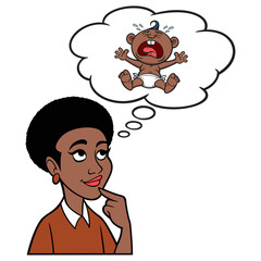 Woman thinking about having a Baby - A cartoon illustration of a Woman thinking about having a Baby in the future.