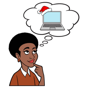 Woman thinking about Computer for Christmas - A cartoon illustration of a Woman thinking about a new computer for Christmas.