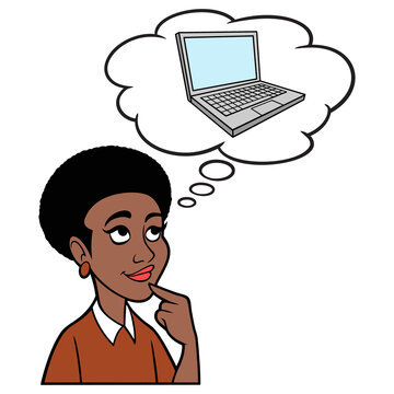 Woman thinking about a Laptop Computer - A cartoon illustration of a Woman thinking about a new laptop computer.