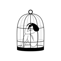 A sad girl sits in a cage and holds her head with her hands.