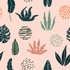 Modern seamless pattern with tropical leaves and abstract geometric shapes.