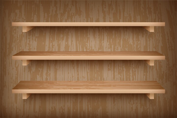 Set of wooden shelves on wall. Realistic bookshelves with wood texture. Grocery racks with brown wooden background.