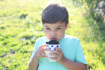 niño feliz con una taza llena de moras al atardecer