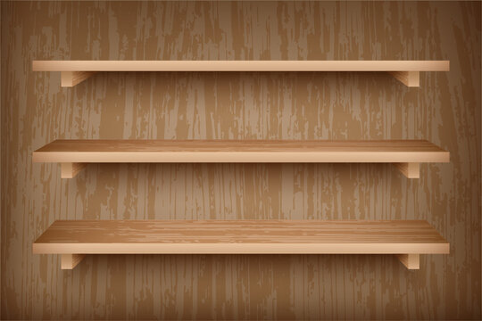 Set of wooden shelves on wall. Realistic bookshelves with wood texture. Grocery racks with brown wooden background.