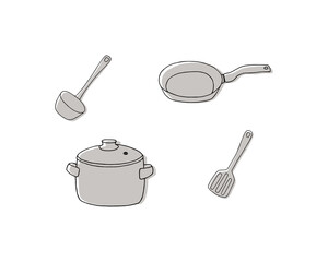 Pot, spatula, ladle and frying pan on a light background. Kitchen vector illustration. Dishes hand drawn. 