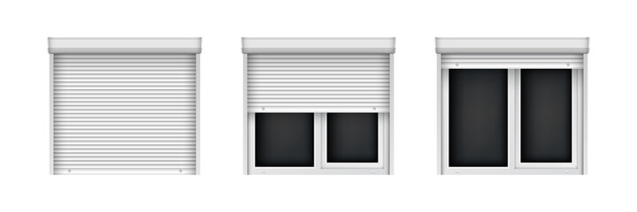 White double metal-plastic windows with blinds. Closed and open jalousie for plastic windows. Realistic window mockup for interior decoration design.