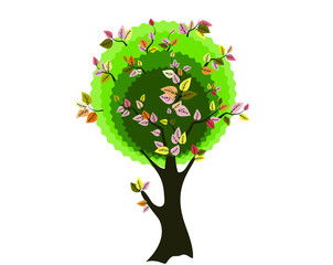 A tree with colored autumn leaves in a cartoon style. Vector illustration for children's wall decor, cover design, postcard, poster