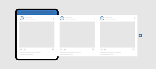 Realistic tablet pc with carousel posts. Carousel interface post mockup template. Social network ads post.