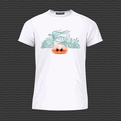 White T-shirt with cute shell and corals. Vector Illustration