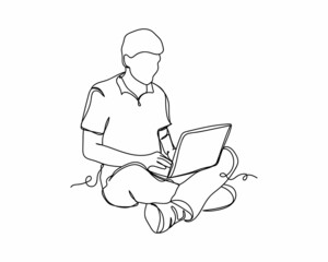 Continuous one line drawing of man sitting with laptop online education concept icon in silhouette on a white background. Linear stylized.