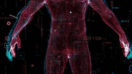 Digital binary code background and Virtual human body. Fly through abstract 3D rendering of a scientific technology data binary code network conveying connectivity, - Powered by Adobe