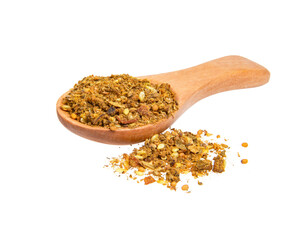 Dried aromatic spices in wooden spoon isolated on the white background